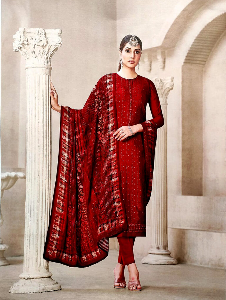 VIANNA BINDIYAA Red Gorgeous Top georgette embroidery Bottom, inner, Santoon Dupatta pure chinon embroidery with digital prints (with zero sequence)